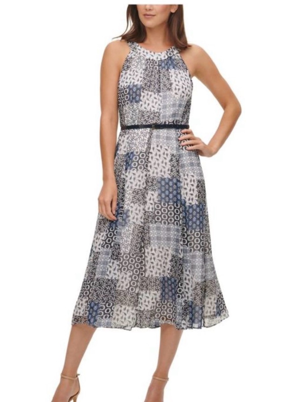 Tommy Hilfiger Dress Size 8 Navy Print Chiffon Belted Midi NWT